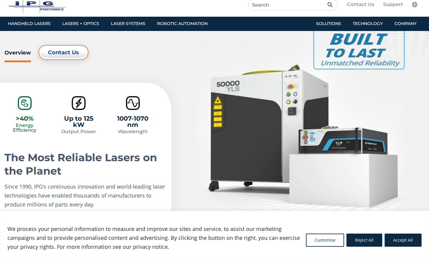 IPG Photonics High-Power Fiber Lasers hero: up to 125 kW, 1007–1070 nm wavelength, YLR-Series product imagery
