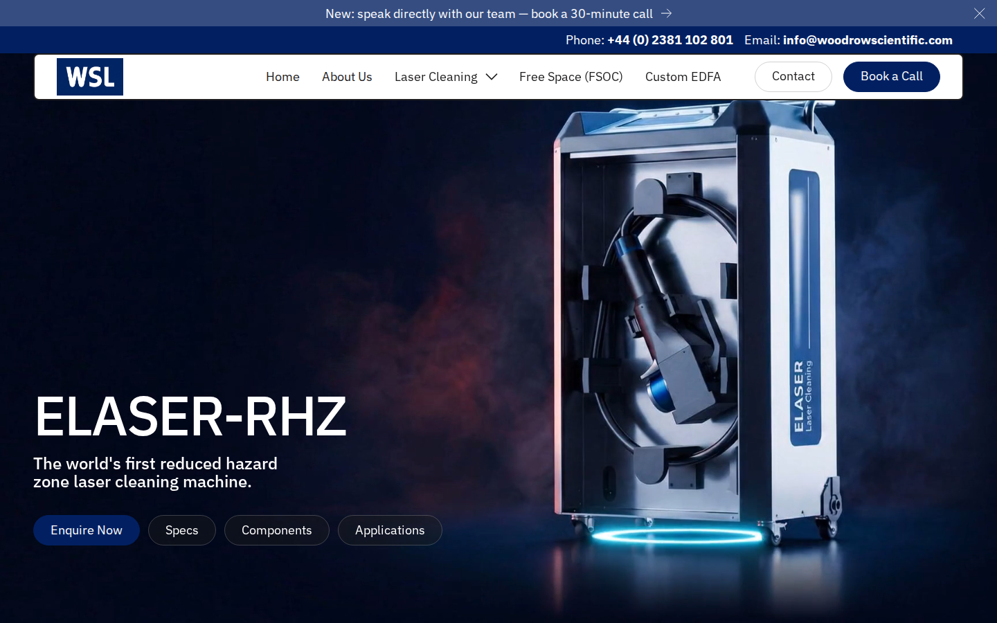 ELASER-RHZ product hero on Woodrow Scientific — headline, world-first reduced hazard zone descriptor, and product visual