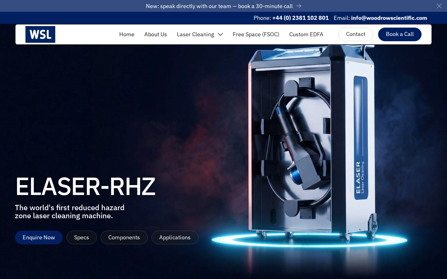 ELASER-RHZ product hero on Woodrow Scientific showing the wheeled laser cleaning unit, headline, and primary CTA