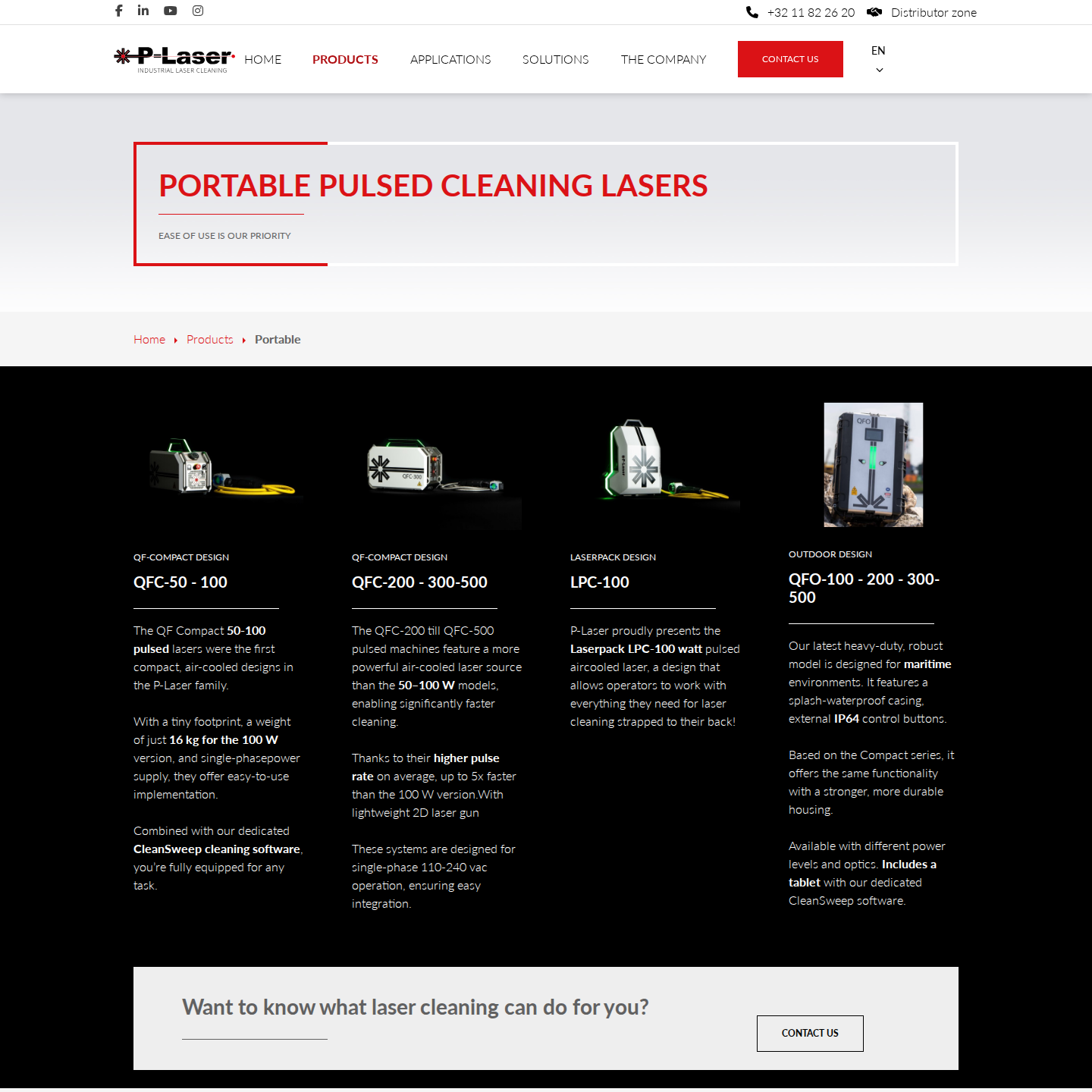 P-Laser portable laser cleaning line hero with QF-Compact product imagery and 'PORTABLE pulsed CLEANING LASERS' headline