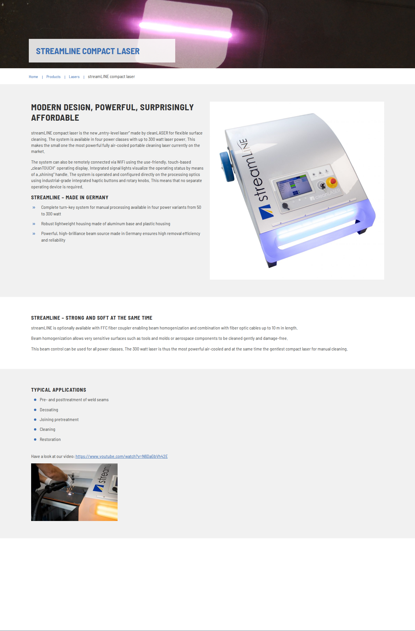 cleanLASER streamLINE compact laser hero: 'MODERN DESIGN, POWERFUL, SURPRISINGLY AFFORDABLE' headline and product photo