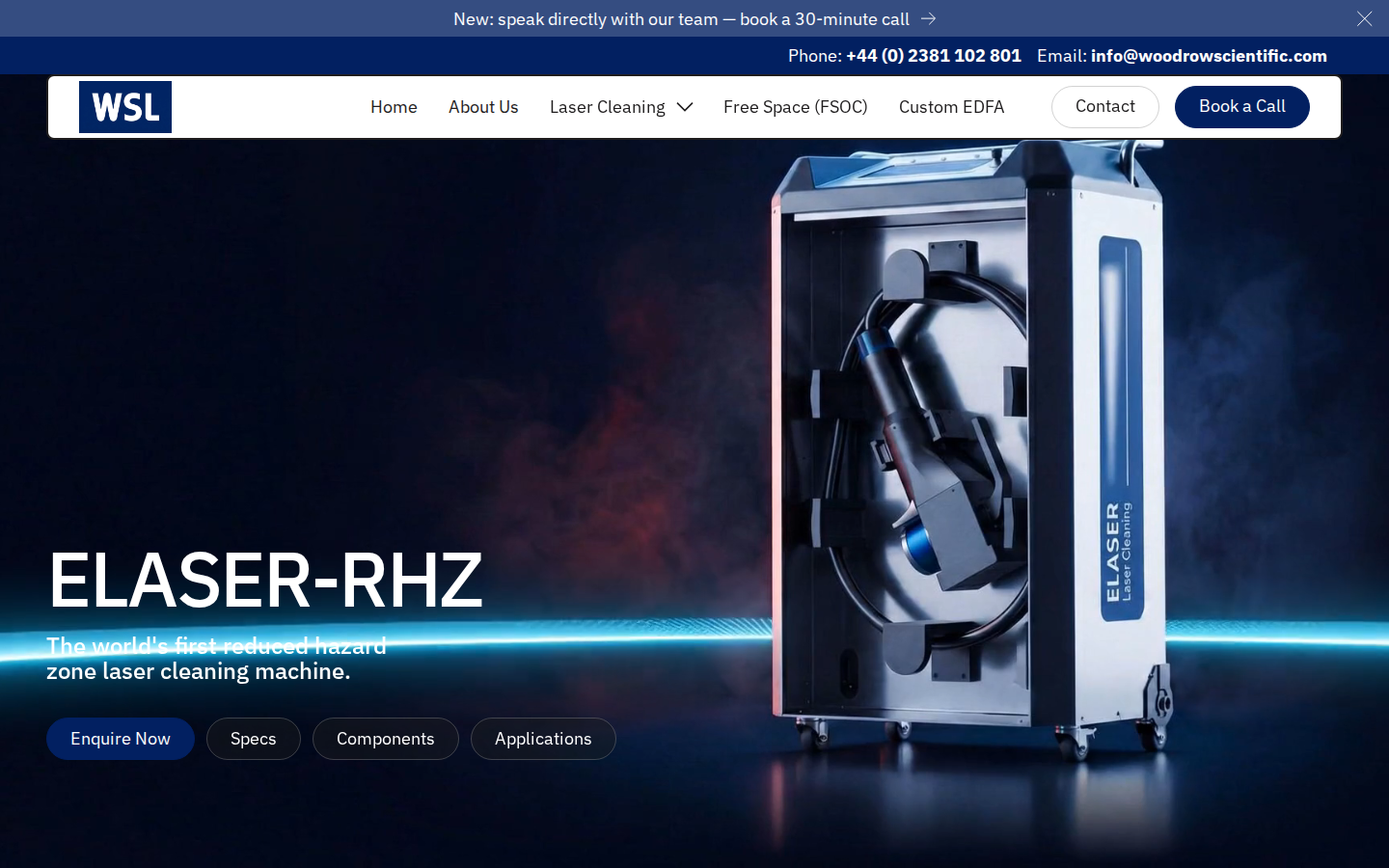 ELASER-RHZ laser cleaning machine hero on Woodrow Scientific — product image, H1, and reduced hazard zone sub-headline