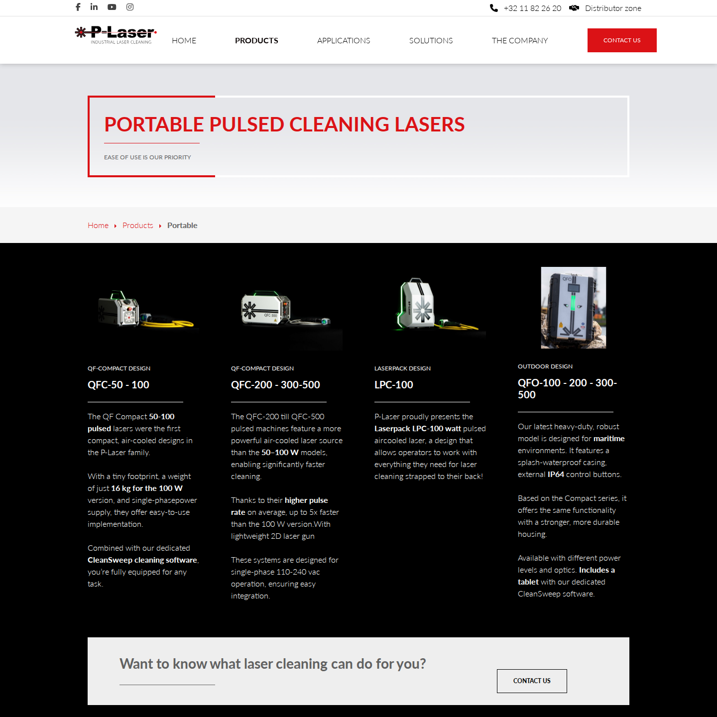 P-Laser portable products page hero with QF-Compact 50–100 W pulsed laser cleaning unit, product headline and sub-headline