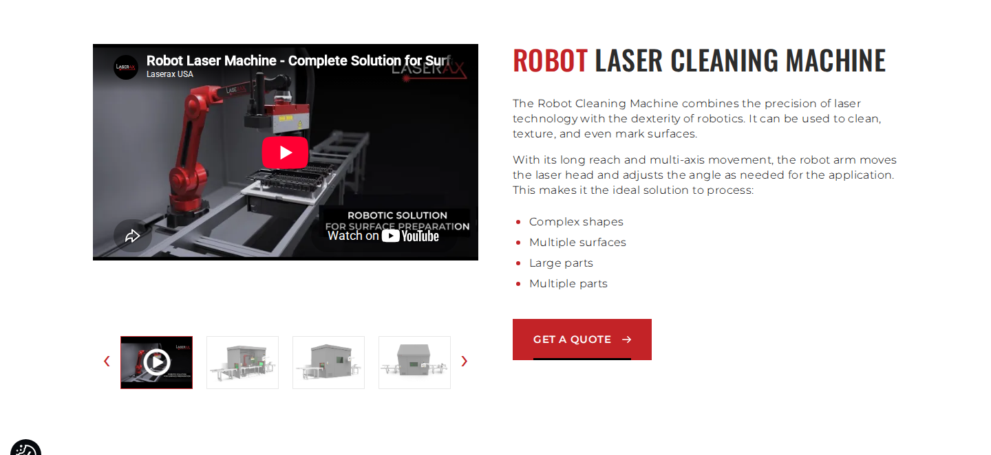 Laserax Robot Laser Cleaning Machine — 6-axis robot arm with laser head in Class 1 safety enclosure, headline and CTA