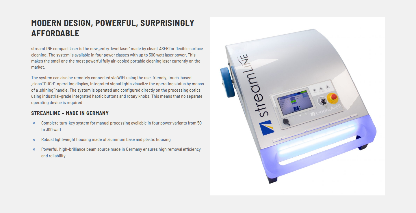 cleanLASER streamLINE compact laser hero with headline, value-prop sub-headline, and product unit photo
