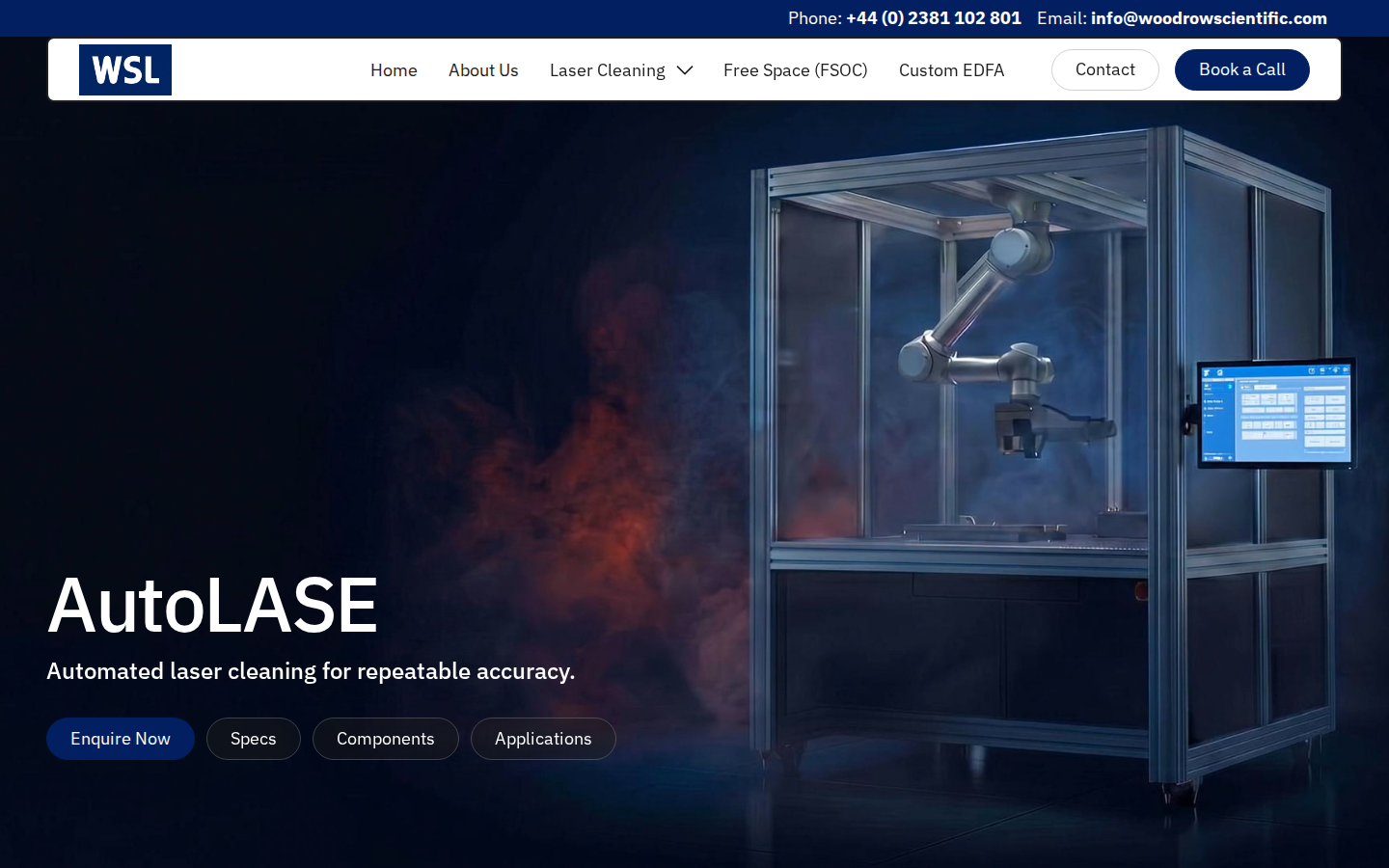 AutoLASE robotic laser cleaning system hero on Woodrow Scientific with headline and Enquire Now CTA