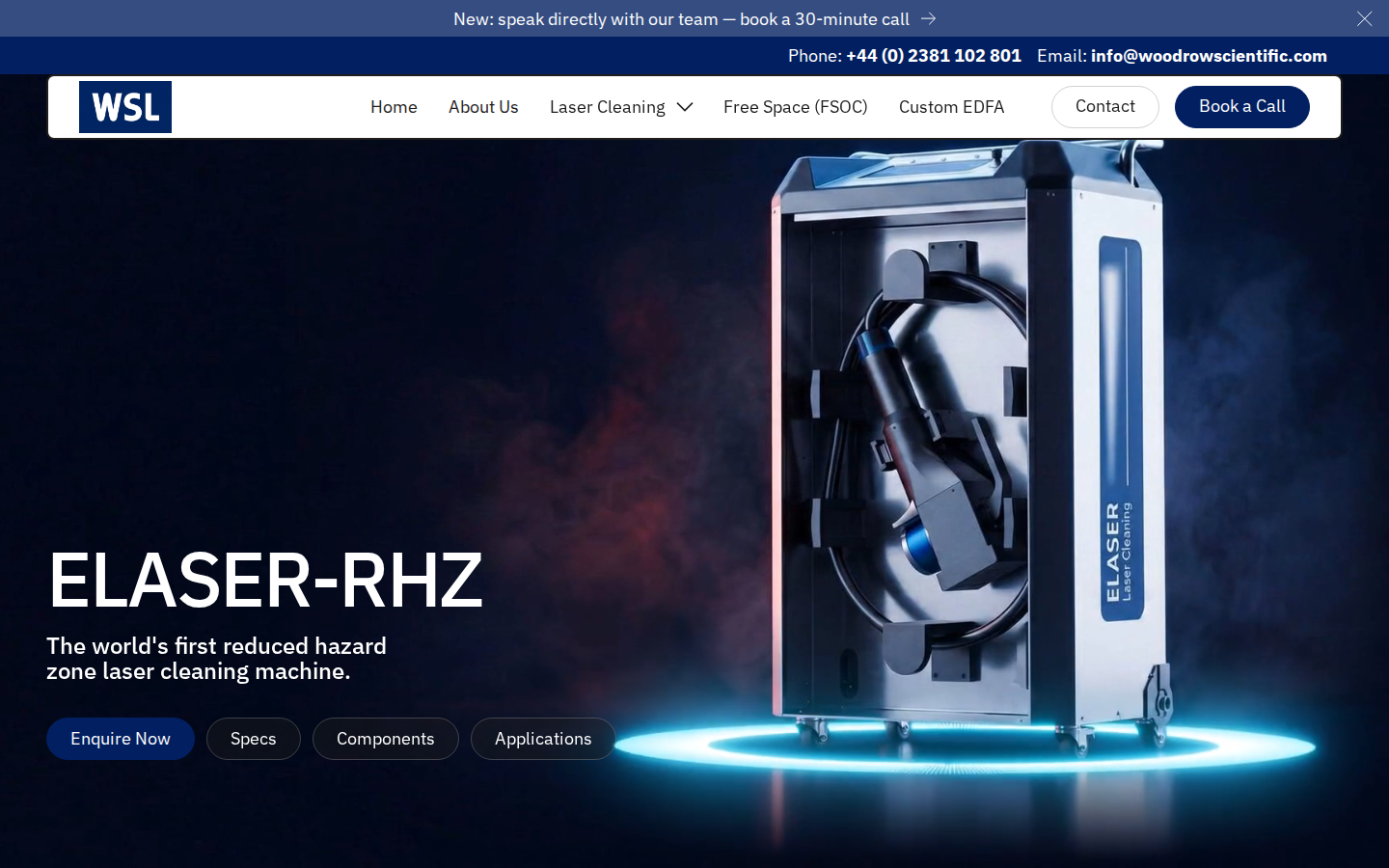 ELASER-RHZ product hero on Woodrow Scientific — headline, 'world's first reduced hazard zone' sub-headline, and product image