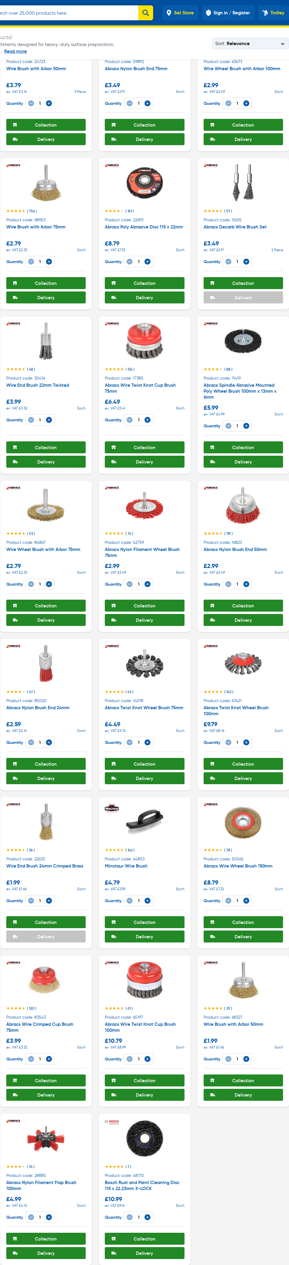 Toolstation wire abrasives category page showing a grid of wire brush and abrasive wheel products with names and prices