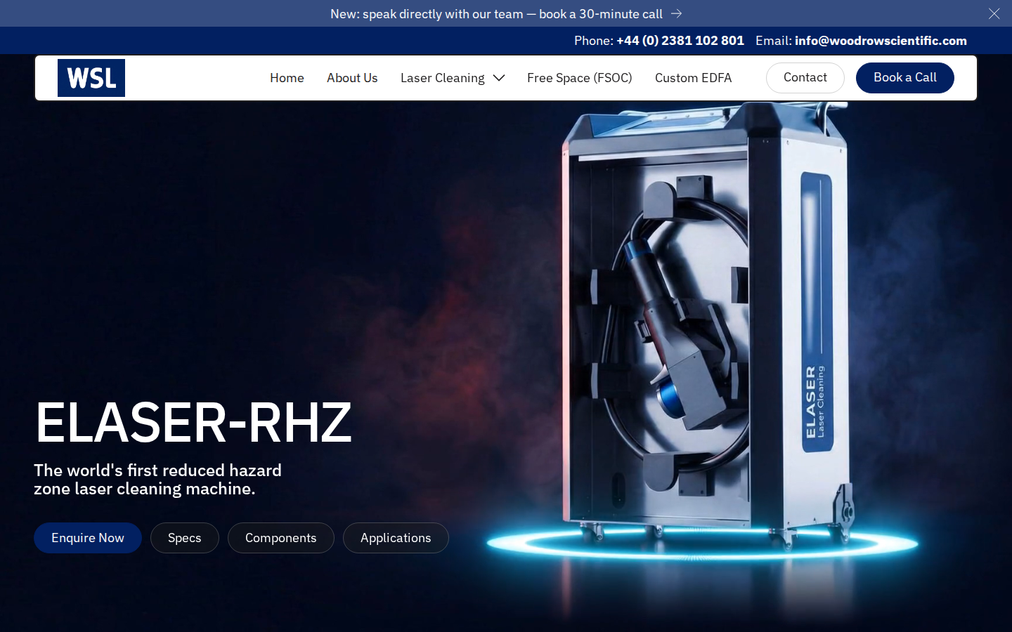 ELASER-RHZ product hero on Woodrow Scientific Limited — headline, machine image, and Enquire Now CTA