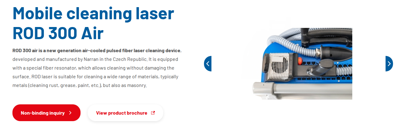Narran ROD 300 AIR mobile cleaning laser product hero showing the wheeled machine unit and lightweight process head