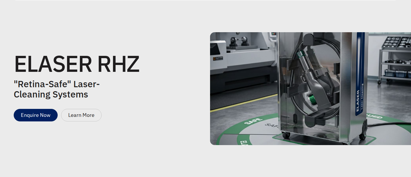 ELASER-RHZ product hero on Woodrow Scientific showing the retina-safe laser cleaning system headline and primary CTAs