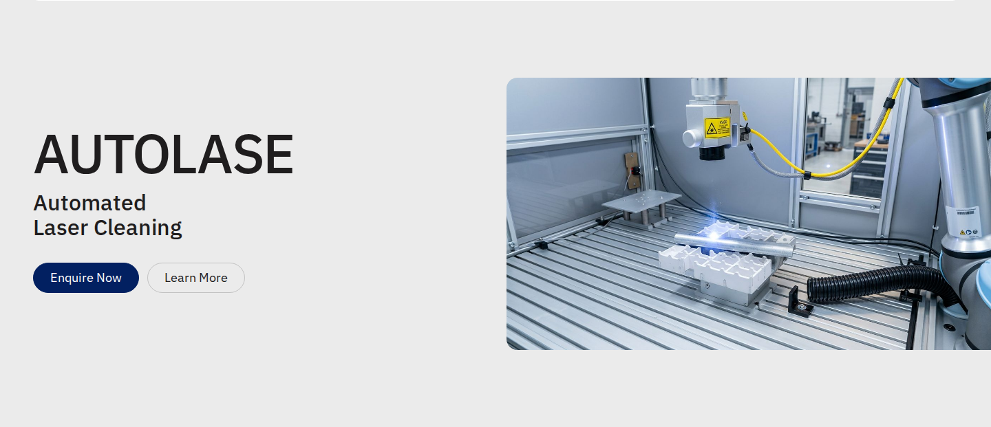 AutoLASE hero on Woodrow Scientific: 'Automated Laser Cleaning' headline, robotic arm system image, and primary CTAs