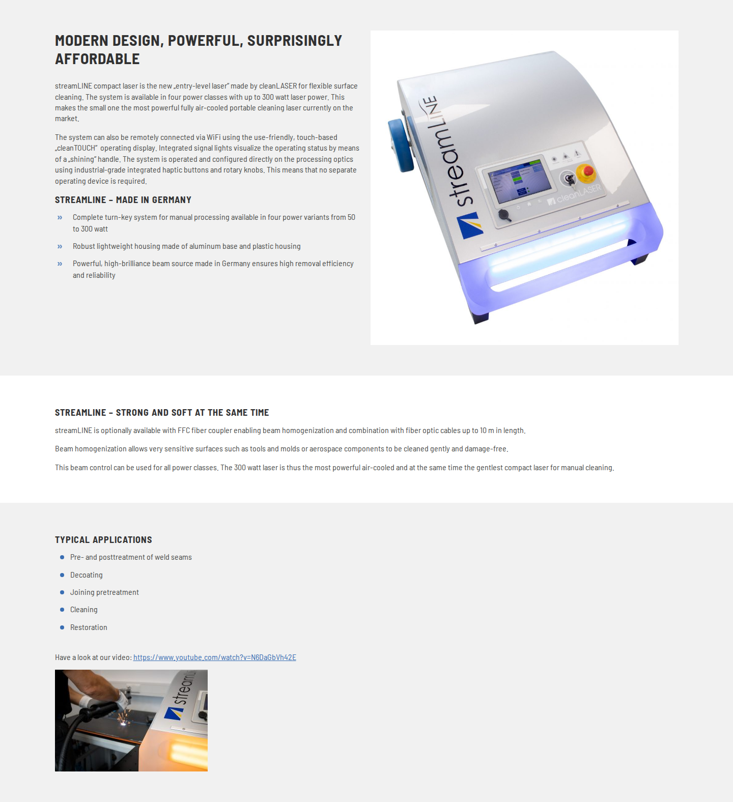 cleanLASER streamLINE compact laser hero with 'MODERN DESIGN, POWERFUL, SURPRISINGLY AFFORDABLE' headline and machine image