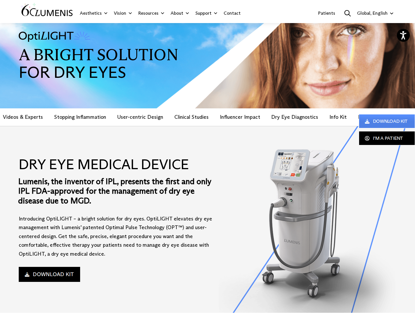 Lumenis OptiLIGHT hero: 'A Bright Solution For Dry Eyes' headline, FDA-approval sub-headline, and Download Kit CTA