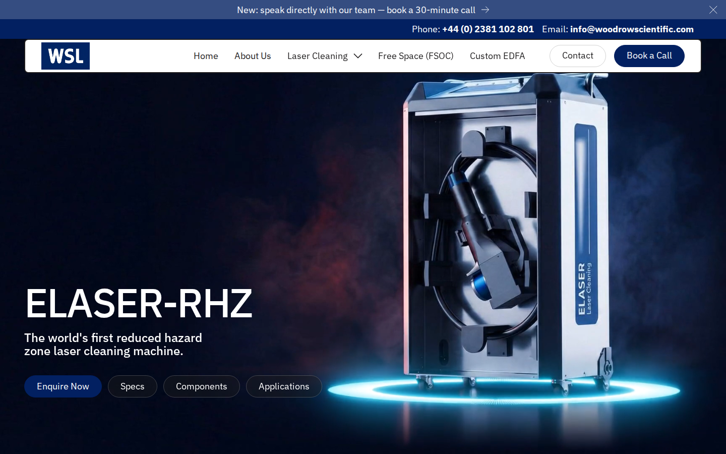 ELASER-RHZ hero on Woodrow Scientific — world's first reduced hazard zone laser cleaner and industrial product visual