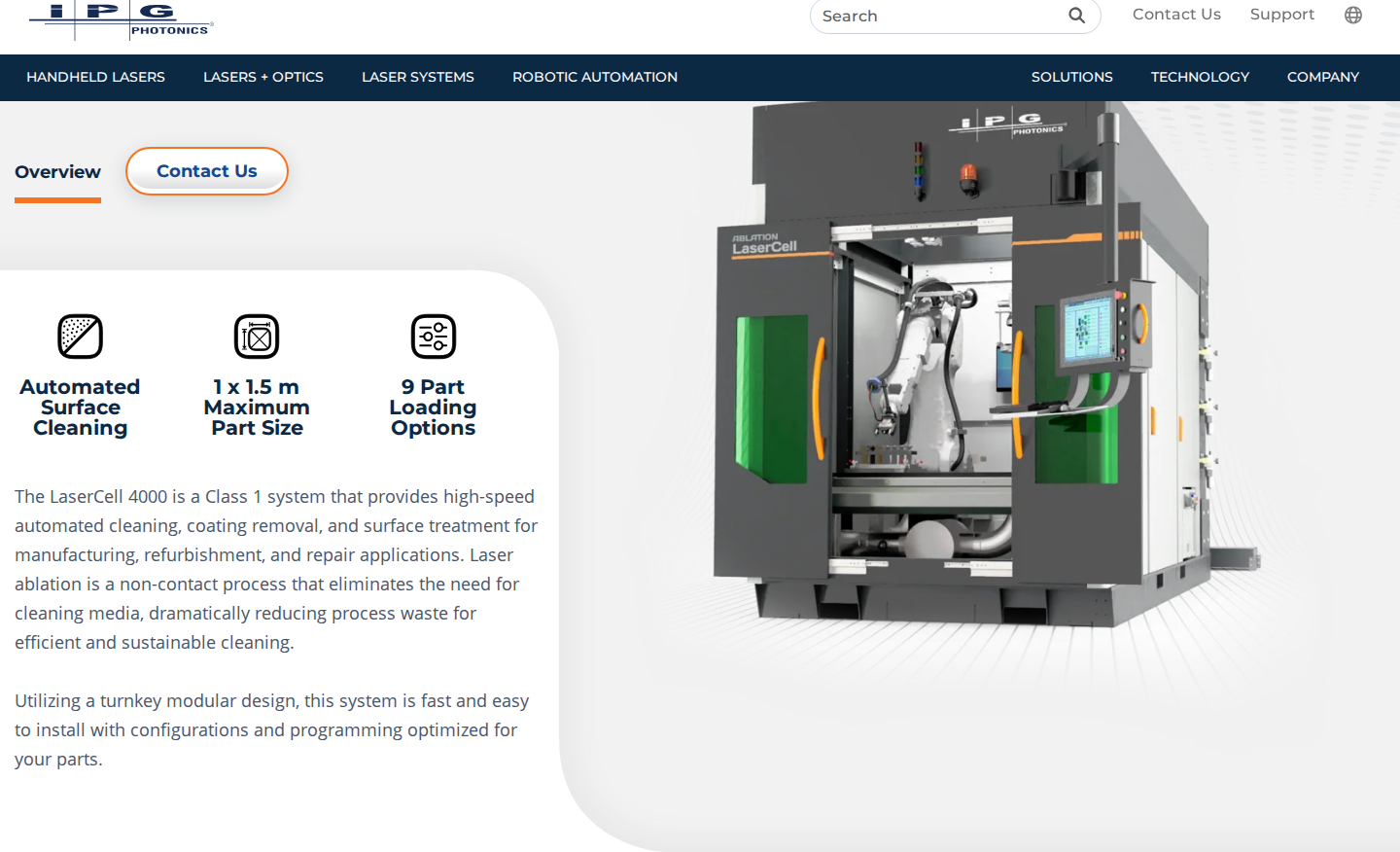 IPG Photonics LaserCell 4000 Automated Laser Cleaning System product hero with enclosed cell image and headline