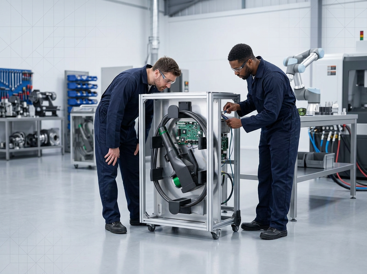 Two British engineers in dark coveralls working on a partially assembled ELASER laser cleaning machine in a bright industrial workshop, examining circuit boards and fiber-optic cable routing.