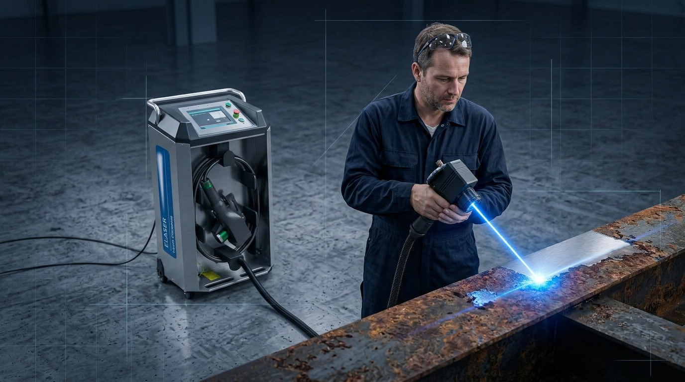 Industrial factory floor with portable ELASER laser cleaning cabinet and operator directing bright blue laser beam at rusted steel surface, showing clean bare metal where laser has ablated corrosion.