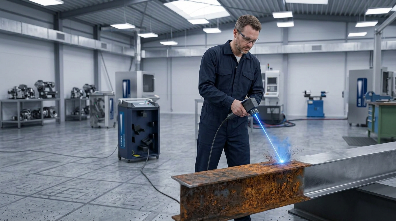 Operator in dark navy coveralls holding lightweight ELASER laser scanner directed at rusted steel beam in open workshop, with wheeled cabinet unit visible in background and stark before-and-after contrast showing dense orange corrosion transitioning to bright bare steel at laser contact point.