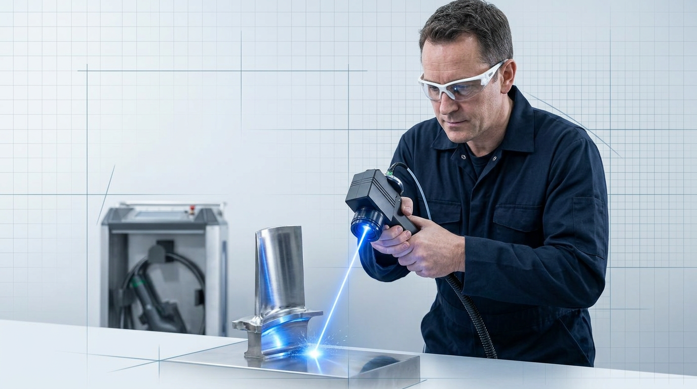 Aerospace technician in navy coveralls operating ELASER laser scanner on precision turbine blade, electric blue laser contact point visible on bare metal component in bright workshop.