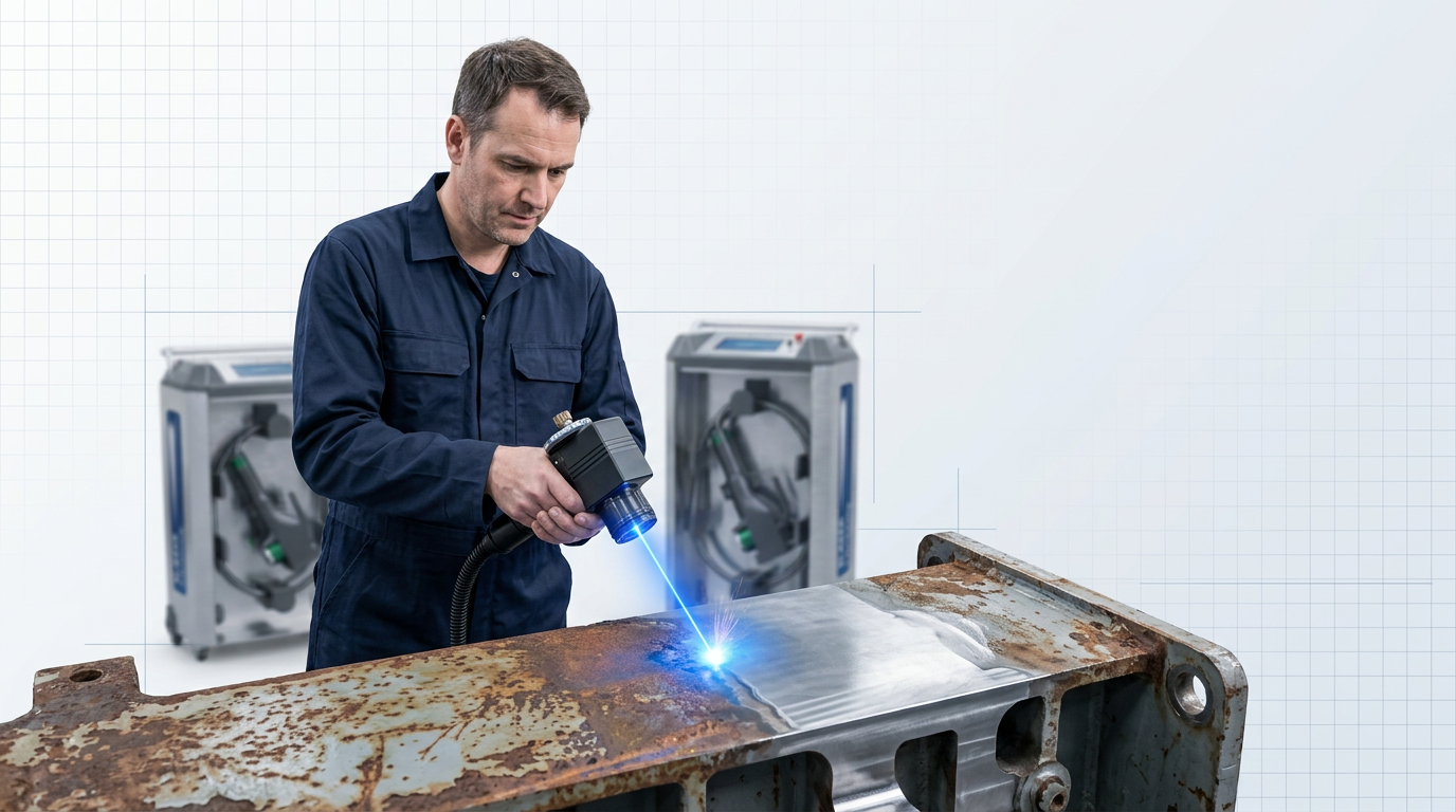Operator in dark coveralls holding ELASER handheld laser scanner directed at rusted metal surface, with electric blue laser contact point showing ablation effect and clean bare metal emerging; wheeled ELASER cabinet unit visible but out of focus in background.
