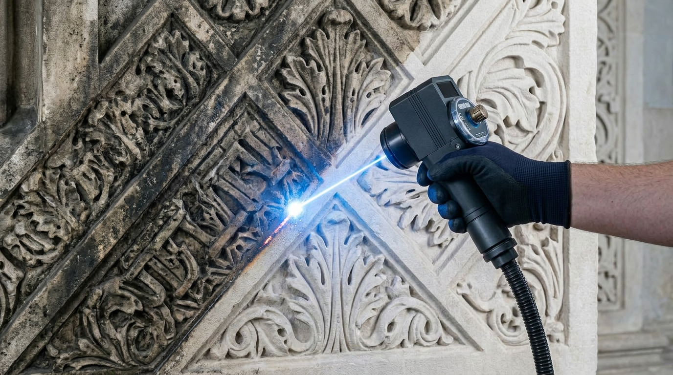 ELASER laser scanner handset cleaning ornate stone surface, with soiled weathered stone on left transitioning to bright restored limestone on right, electric blue laser beam marking the precise dividing line.