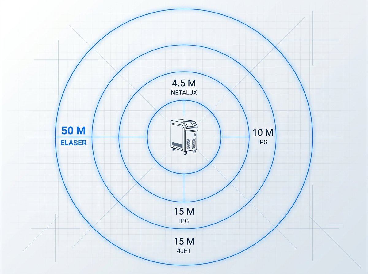 Top-down schematic showing four concentric reach circles radiating from central ELASER laser unit: 4.5m Netalux, 10m IPG, 15m 4JET, and 50m ELASER with electric blue outlines on light technical background.