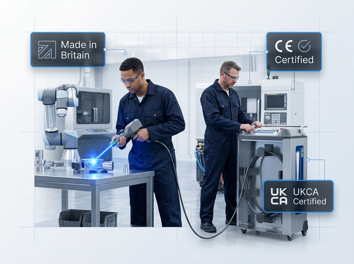 Two engineers in dark navy coveralls operating an ELASER laser cleaning machine in a bright workshop. One directs the handheld scanner toward a test surface glowing with electric blue laser light; the other manages the wheeled cabinet unit. Certification badges for 'Made in Britain', 'CE Certified', and 'UKCA Certified' overlay the scene.