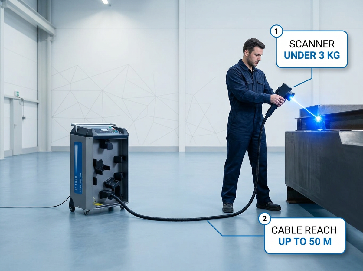ELASER wheeled cabinet on left with extended fiber cable reaching 50 meters across industrial floor to handheld scanner held by technician in dark coveralls on right, with electric blue laser illuminating target surface.