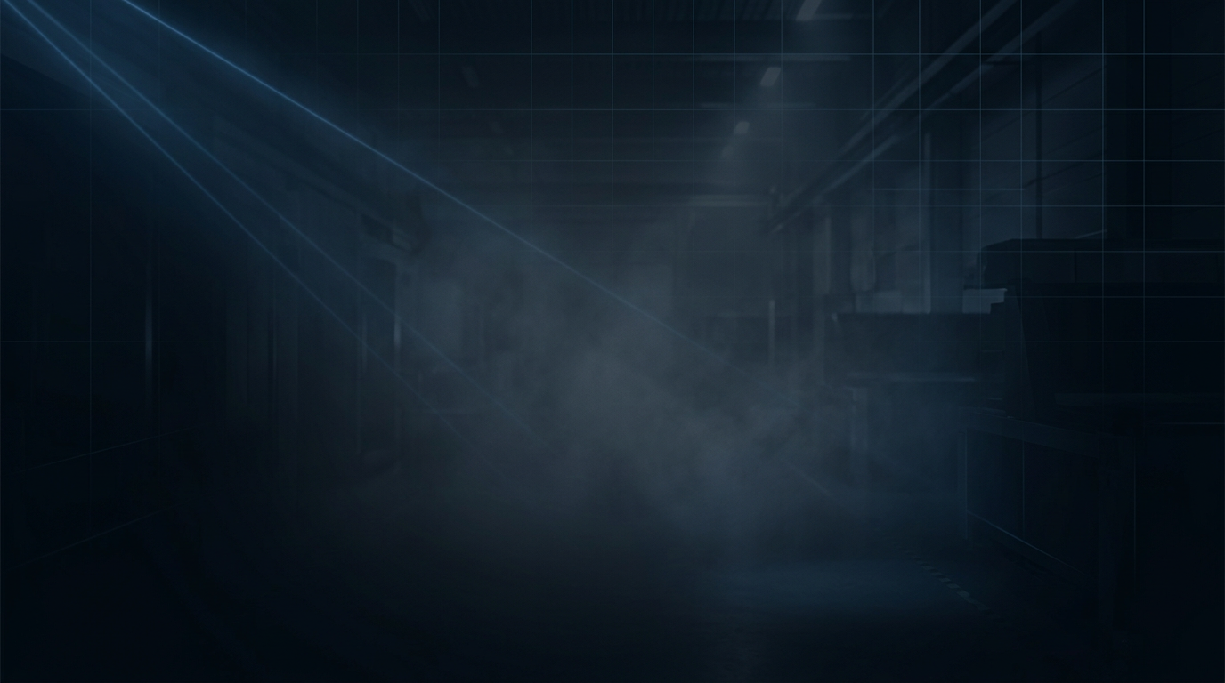 Dark industrial workspace with volumetric light-scatter effect and diagonal electric blue laser rays suggesting precision 100W laser cleaning equipment in operation