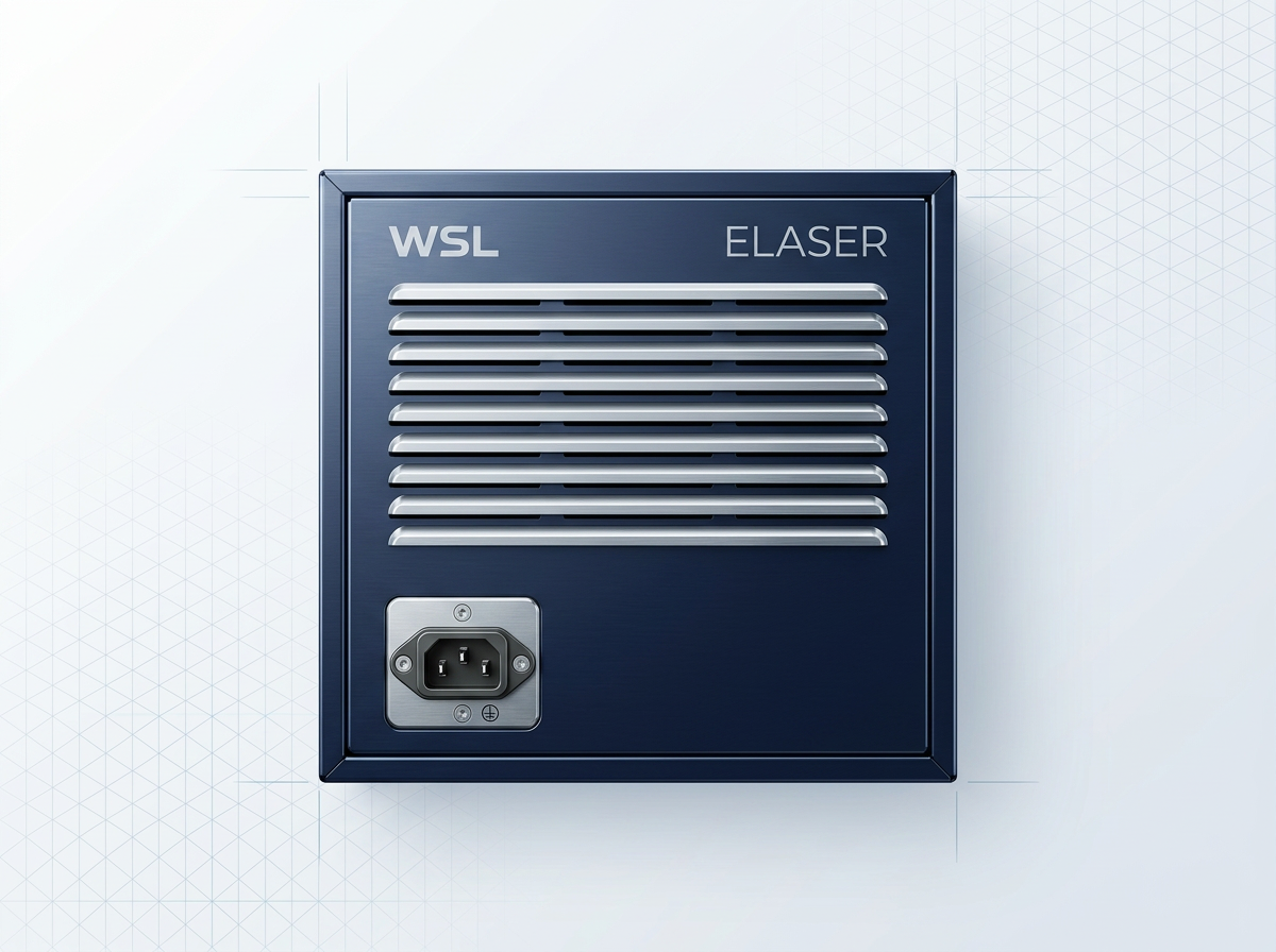 ELASER cabinet rear panel with industrial power inlet connector and horizontal aluminum cooling vents on brushed navy metal surface