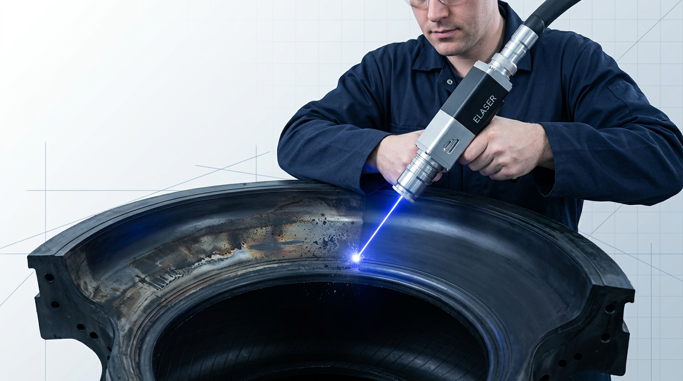 Technician in dark coveralls holding ELASER laser scanner directed at large black rubber tyre mould, with electric blue laser beam actively cleaning vulcanisation residue from mould surface and vent holes, showing stark contrast between cleaned and uncleaned areas.