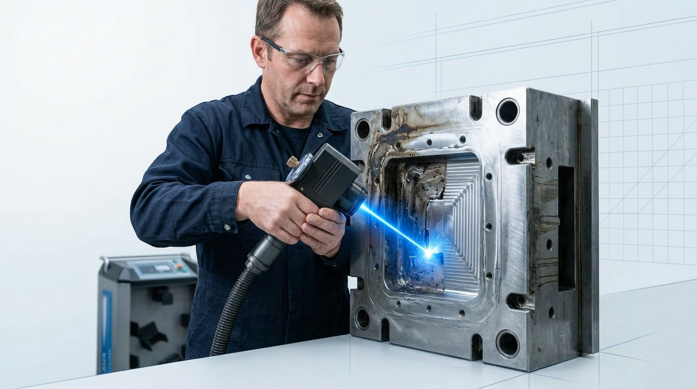 Technician's hands directing ELASER laser scanner into injection mould cavity, with electric blue laser contact point removing residue in situ while mould remains mounted.
