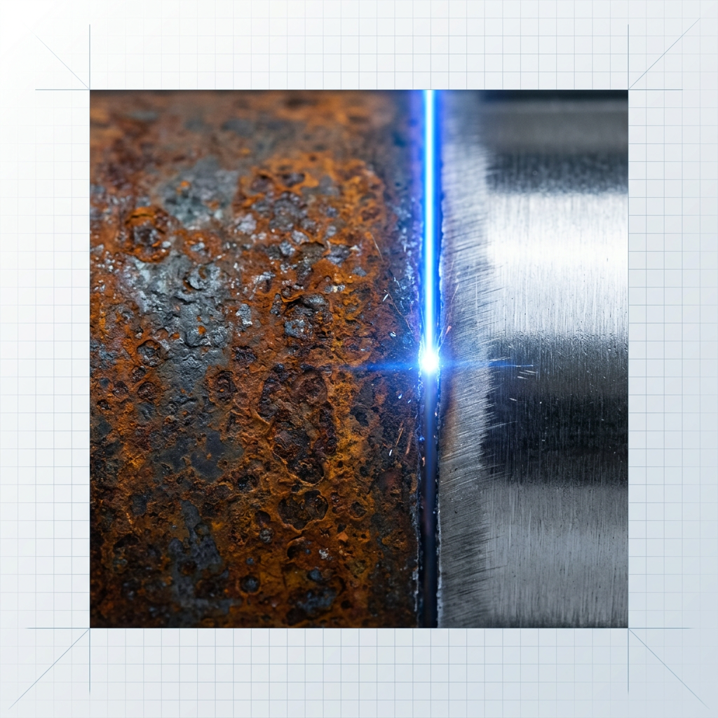 Close-up of laser ablating rust from steel surface, showing corroded orange-brown metal on left transitioning to bright reflective bare steel on right, with electric blue laser beam at the dividing line