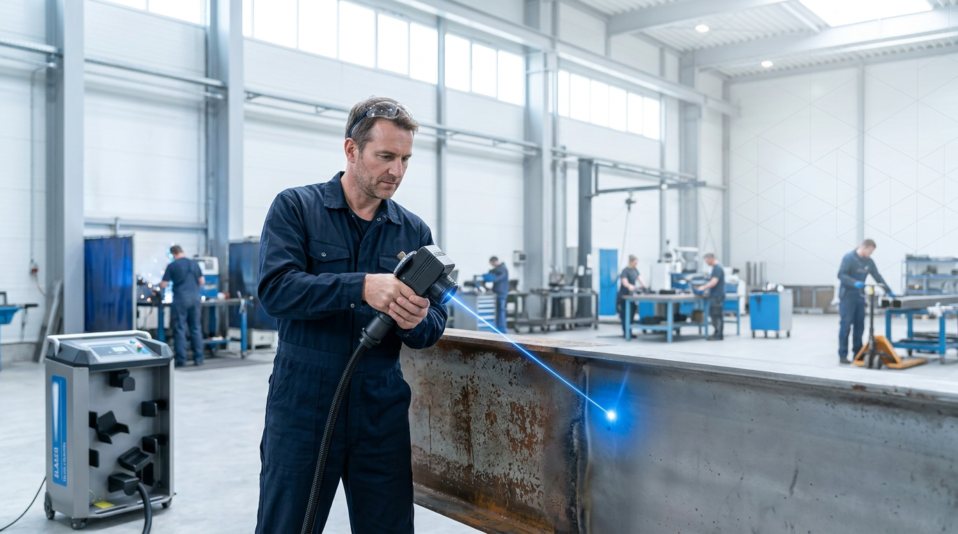 Industrial facility with engineer in navy coveralls using handheld laser scanner on metal wall surface, with other workers and machinery operating normally in background.