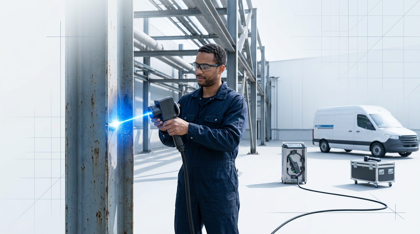 Laser cleaning operative in dark coveralls holding ELASER scanner directed at industrial surface with electric blue laser beam visible; ELASER machine and branded service van visible in background.