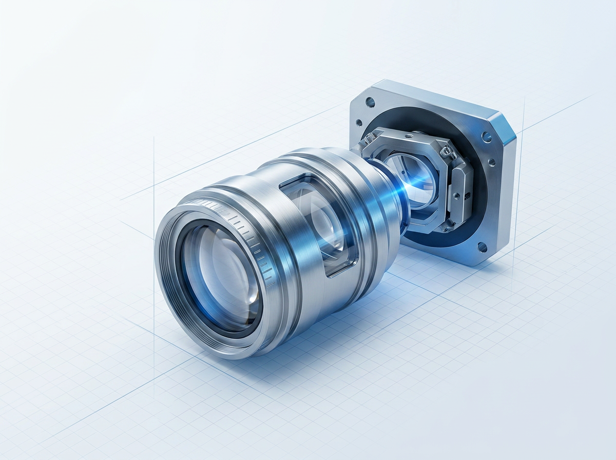 Close-up of ELASER handheld laser scanner head showing precision-machined metal optics barrel, protective lens window, and galvanometer mirror assembly with subtle electric blue glow at the beam delivery end.