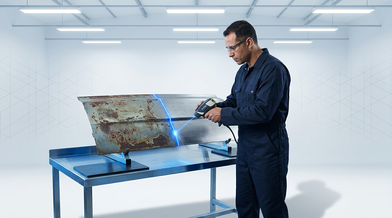 Technician in navy coveralls using ELASER laser cleaning handset on steel car body panel, with rust and degraded paint on left side and clean bare metal on right side separated by electric blue laser ablation line.