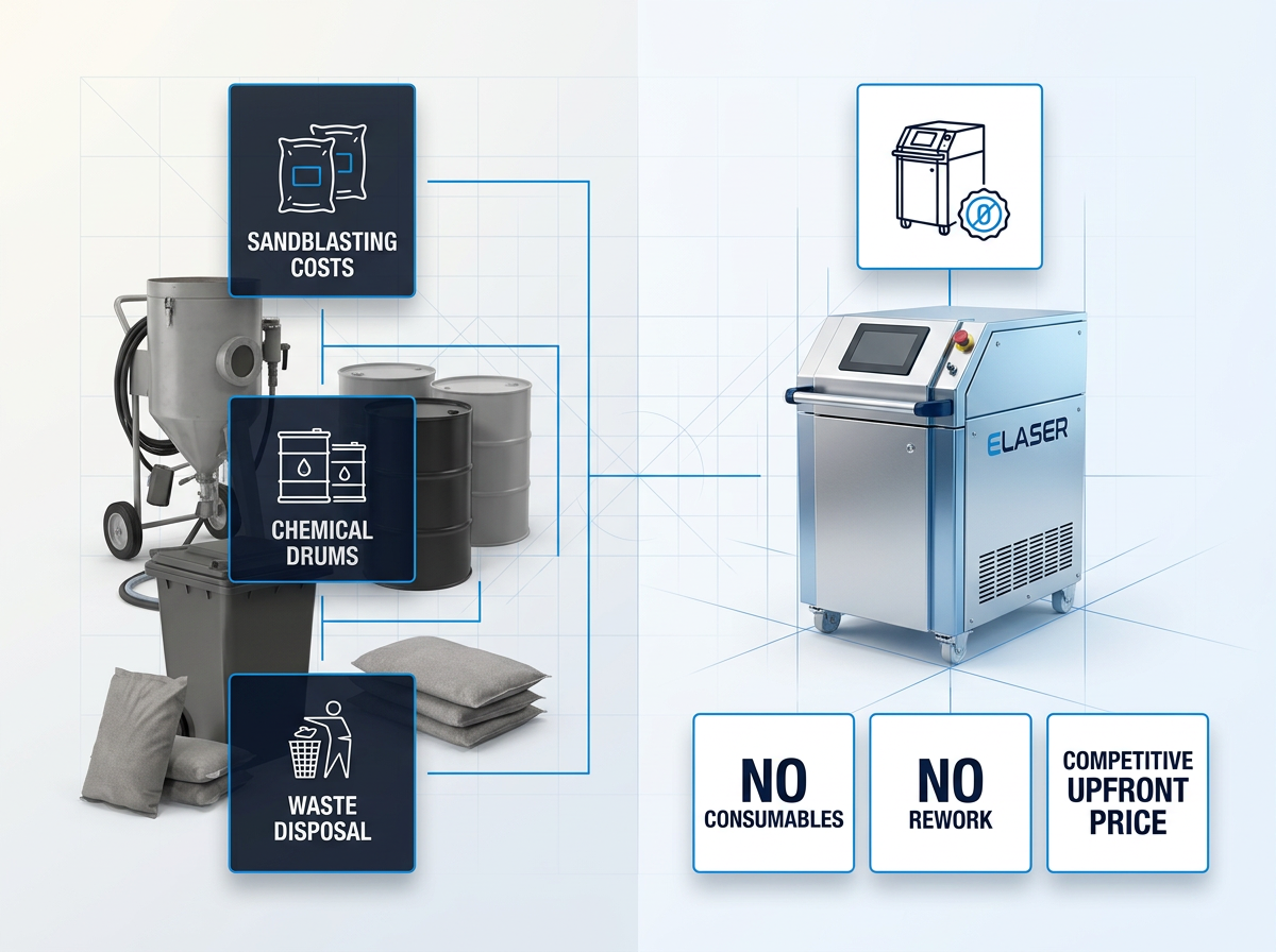 Side-by-side TCO comparison: left column shows conventional cleaning methods with recurring cost icons (abrasive bags, chemical drums, waste containers); right column displays ELASER laser cleaning machine with zero-consumables badge and three benefit labels: No Consumables, No Rework, Competitive Upfront Price.