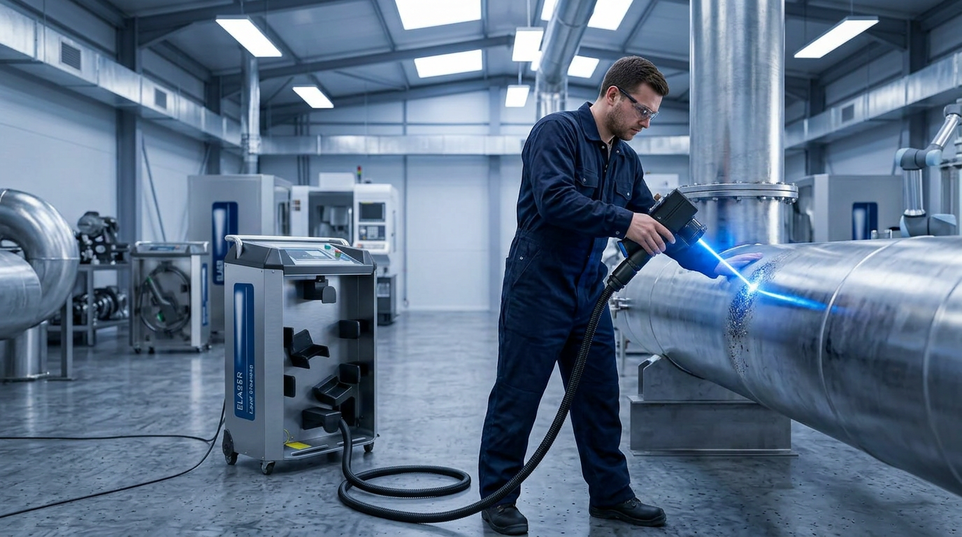 Industrial maintenance engineer in navy coveralls operating ELASER handheld laser scanner on large metal pipework, with wheeled cabinet unit positioned nearby in bright facility workspace.