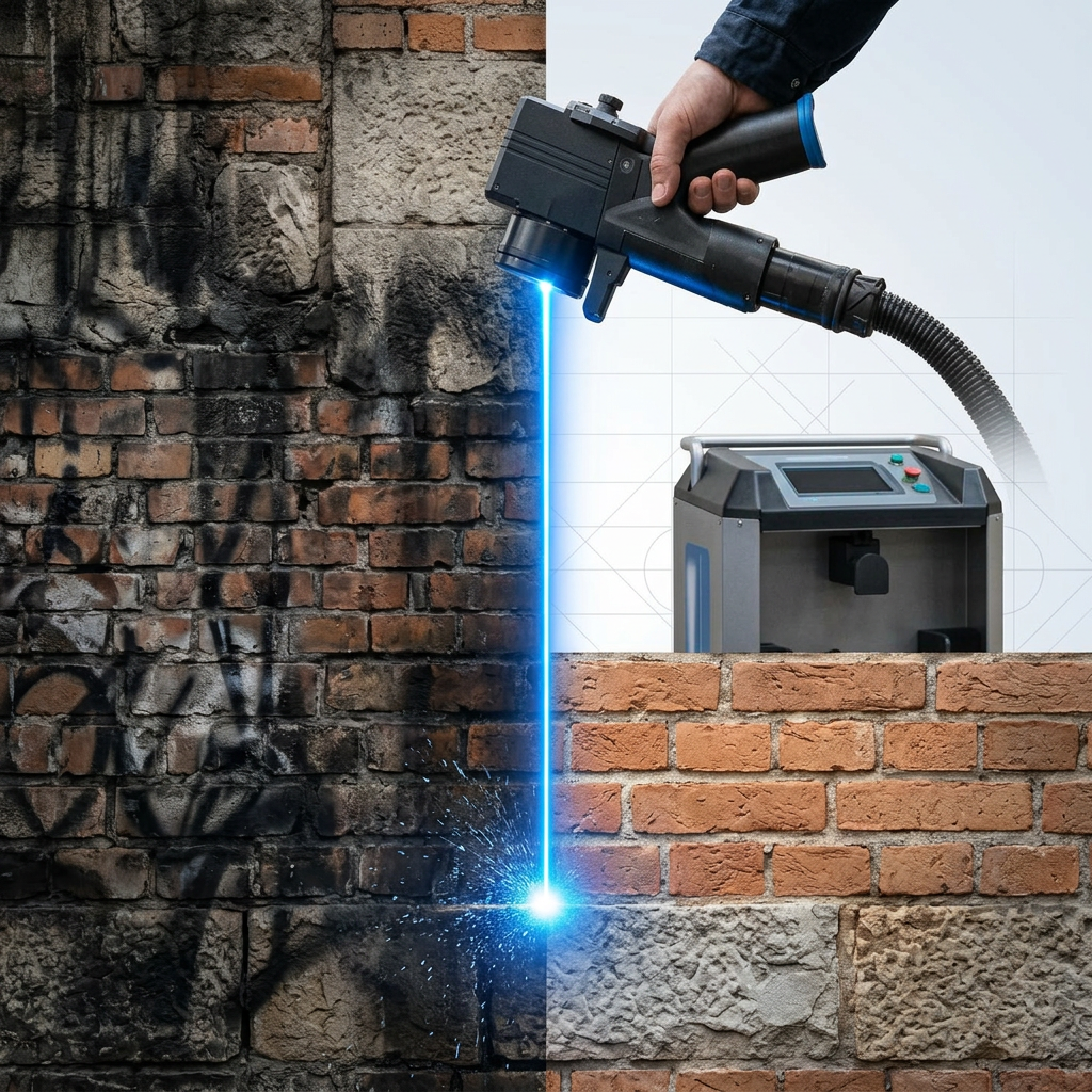 Weathered brick and stone surface split vertically by glowing electric blue laser beam, with grimy contaminated left side and clean exposed material on right side, showing active laser cleaning in progress.