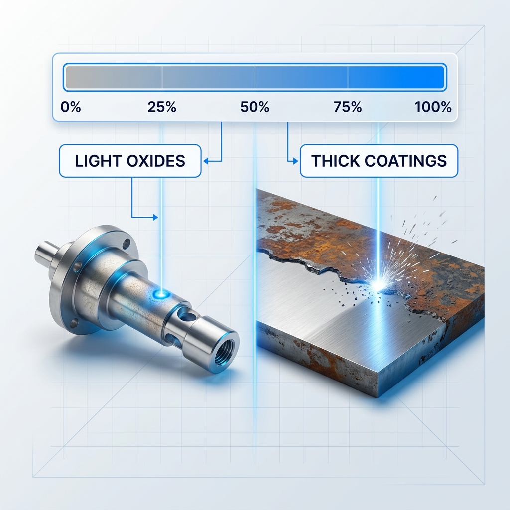 Split-scene laser cleaning comparison: left side shows gentle oxide removal on precision component, right side shows aggressive coating stripping on heavy steel, with horizontal power spectrum bar above ranging from 0% (Light Oxides) to 100% (Thick Coatings) and electric blue laser beam dividing the scenes.