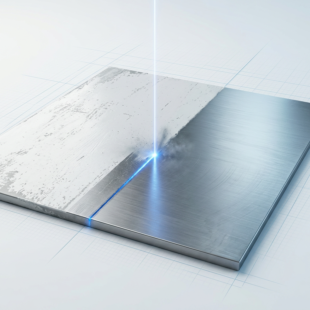 Laser beam cleaning paint coating from a flat metal surface, revealing clean bare metal in a sharp diagonal strip with electric blue glow at the contact point.