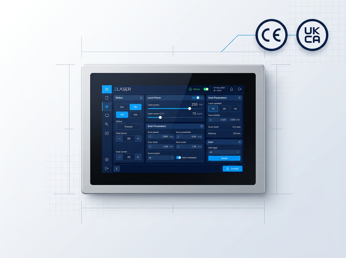ELASER touchscreen GUI interface with dark navy background, electric blue controls, and white operational labels. CE and UKCA certification badges positioned in upper right corner.