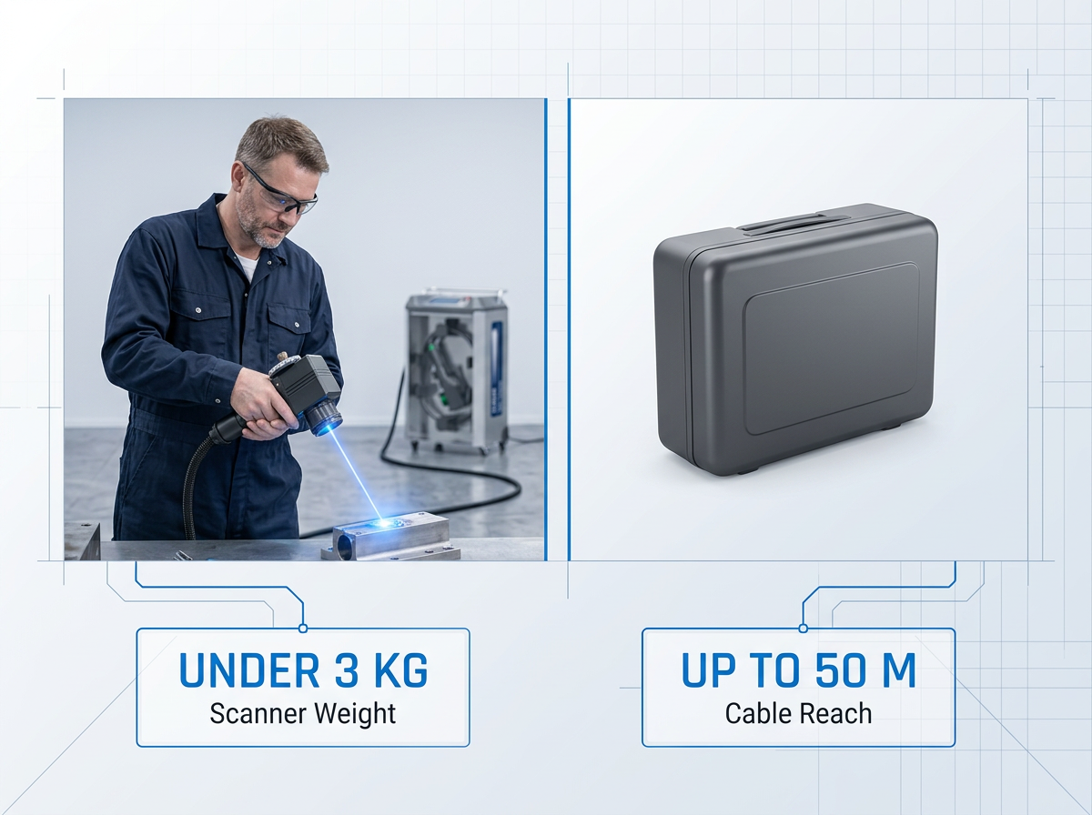 Split-panel comparison: left shows engineer holding ELASER handheld scanner with wheeled cabinet and extended cable visible; right shows compact suitcase-style carry unit. Data badges display scanner weight under 3 kg and cable reach up to 50 m.