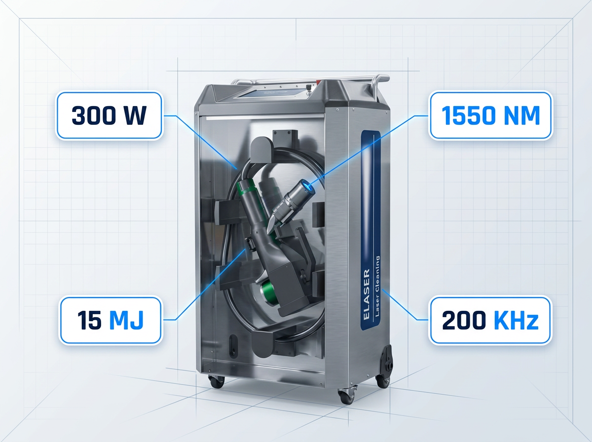 Fibre laser source unit with brushed steel housing and electric blue accent at emission point, surrounded by four specification badges displaying 300 W power, 1550 nm wavelength, 15 mJ pulse energy, and 200 kHz repetition rate on a light technical background with grid pattern.