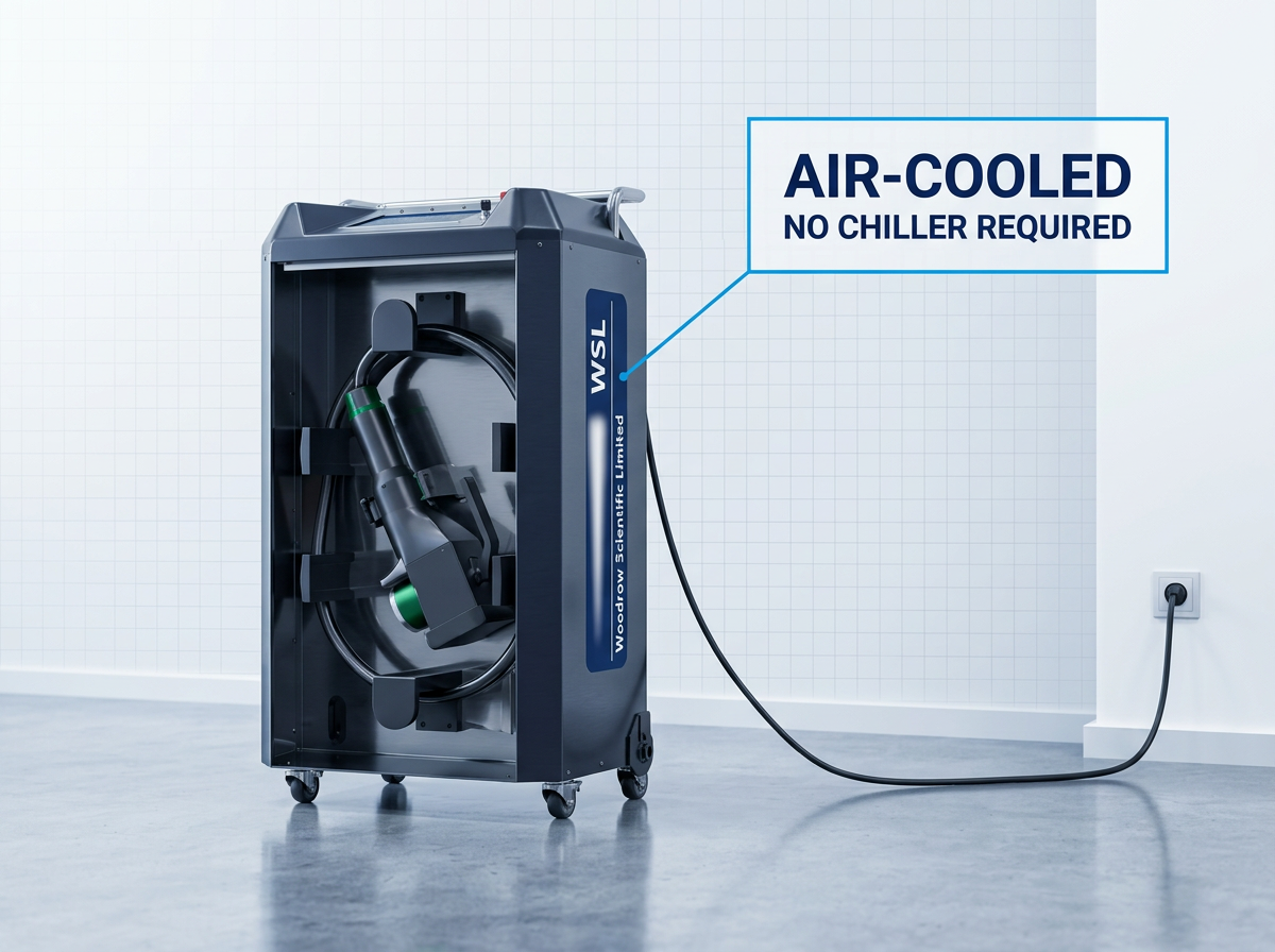 ELASER wheeled cabinet with single power cable extending to wall socket in clean industrial workshop, white badge overlay reading 'Air-Cooled — No Chiller Required'
