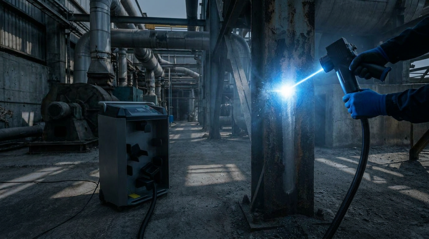 Darkened industrial workspace with a large metal surface being cleaned by a handheld laser scanner, blue-white laser glow visible at the work point with atmospheric haze.