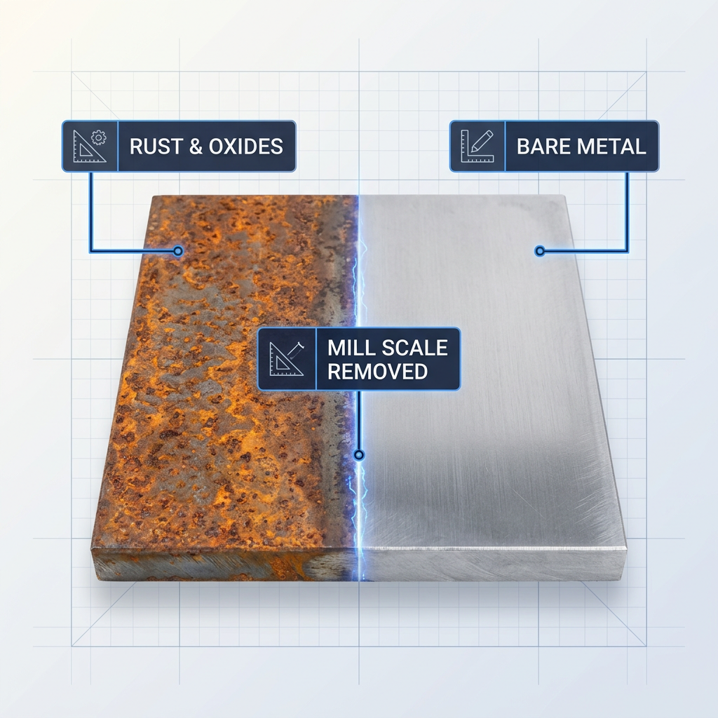 Split before-and-after view of steel surface: left side shows dense orange rust and mill scale corrosion, right side shows clean bare metal after laser treatment, with electric blue glow at the dividing line.