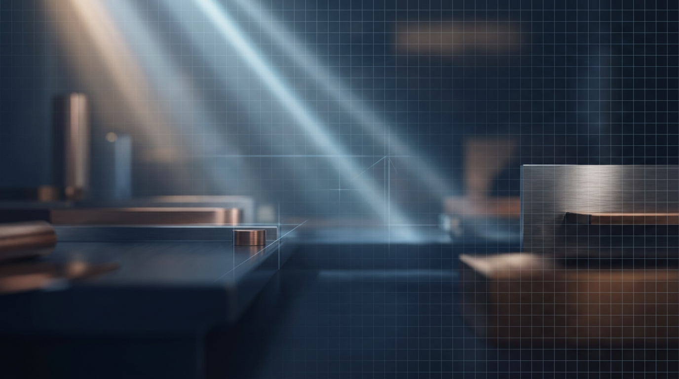 Soft-focus industrial workshop with warm metallic surfaces and angled beams of cool-toned light creating depth and technical atmosphere